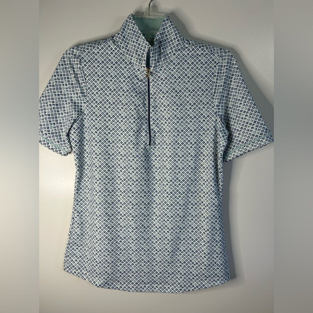 Fairway & Greene women White and Blue PoloShirt -Golf style Top Size S.